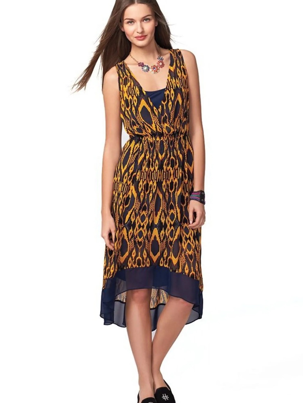 Vera Wang Y2K 2000's Yellow & Navy Sleeveless High-Low Printed Dress